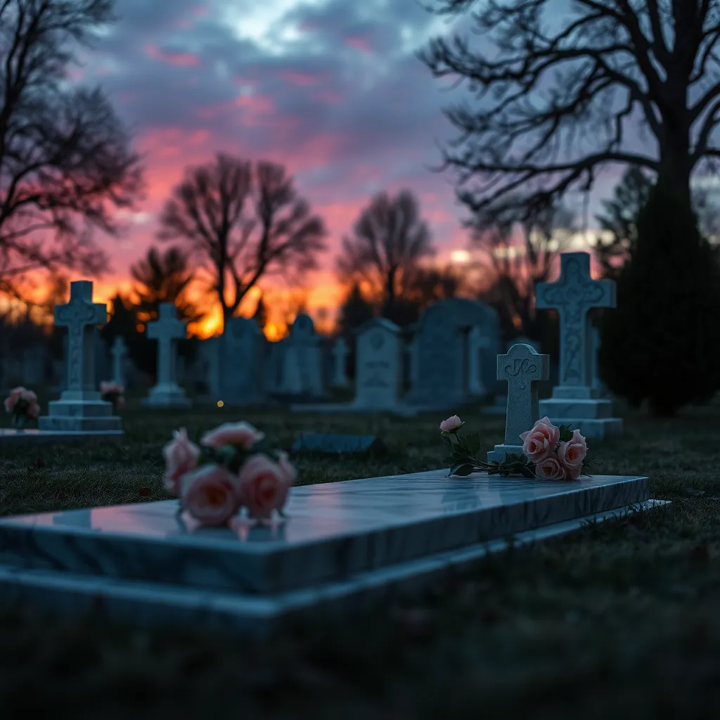 Pierre tombale en marbre avec bouquets de roses roses dans un cimetière au coucher du soleil