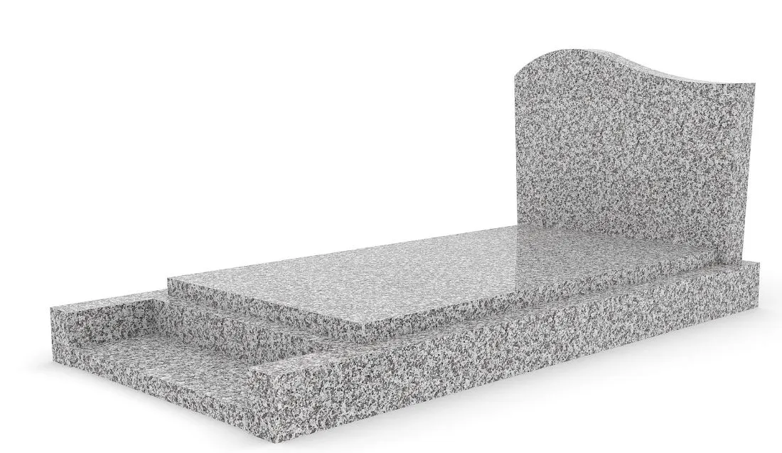 Monument funéraire classique en granit gris clair avec stèle aux bords ondulés