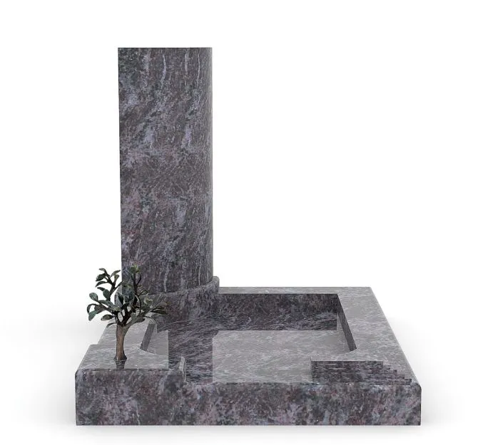 Monument funéraire design en granit sombre avec colonne stylisée et motif végétal